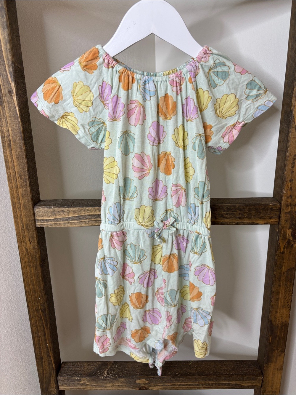 Posh Peanut Mint Romper Dress with Pastel Seashell Print Size 6-12M